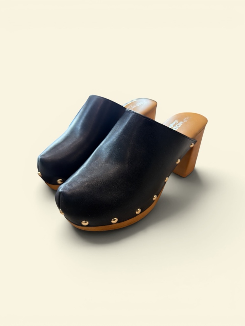 Black Leather Studded Clog Mule - Women's
